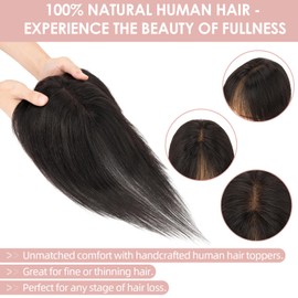 Silk-co Hair Topper Real Hair 21 g, 8 x 11 cm Hand-Tied Base Toupee Women, Clip-In Hairpieces with Lace Silk Base, with Fringe, 27 cm, #1B Natural Black