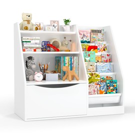 TOETOL Kids Bookshelf & Book Storage,3 Tier Wooden Toddler Bookshelf for Children,Nursery Book Shelves with 6 Sling,Organizer & Book Shelf for Kids Rooms,Bedroom,Playroom White