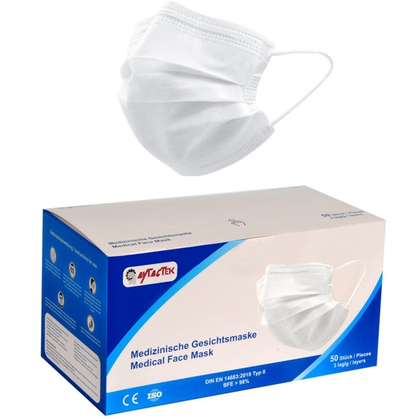 AytacTek 50 x Medical Face Masks, White, Type II, DIN EN 14683 (CE Certified), 3-Ply, Pack of 50 in 10 (Pack of 50)
