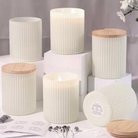 LAMORGIFT 14OZ Creamy Glass Candle Jars for Making Candles, 6 Pack - Empty Candle Jars Bulk with Bamboo Lids and Candle Making Accessories, Ribbed Candle Vessels Containers for Candle Making