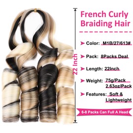 Unionbeauty French Curl Braiding Hair 22 Inch Body Wave Curly Braiding Hair Pre Stretched French Curl Braids 8 Packs EZ Braids Crochet Hair Synthetic Ombre Braiding Hair Extensions 1B/27/613#