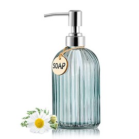 MOCLIF 16OZ Fashion Stripe Clear Glass Refillable Soap Dispenser with 304 Stainless Steel Pump Premium Soap Dispenser， for Kitchen, Bathroom, Hand Sanitizer, Liquid Soap, Lotion, etc. (Clear Blue)
