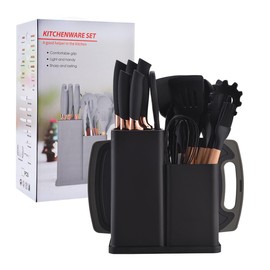 19 Pieces Kitchen Utensils and Knife Set with Block, Inldued 9 Pieces Silicone Cooking Utensils Set 5 Pieces Sharp Stainless Steel Chef Knives Scissors Whisk Tongs and Cutting Board (Black)
