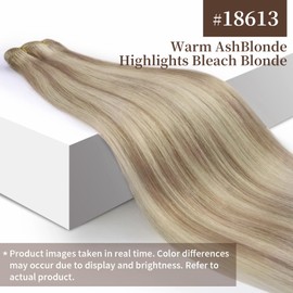 Sunny Weft Hair Extensions Human Hair Ash Blonde Highlights Platinum Blonde Sew in Hair Extensions Blonde Highlights Hair Weft Extensions for Women Hair Bundles 100g 16inch