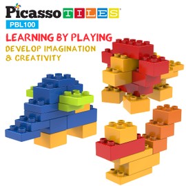 PicassoTiles 100 piezas de bloques de construcción grandes de ladrillo STEM ladrillos juguete conjunto creativo aprendizaje temprano juego 5 colores 4 formas únicas mezcla y combina juguetes para niños niños niños niñas niños mayores de 3 años