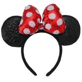3D Mouse Sequin Ears Headband, Glitter Sequin Bow Hairbands Costume Headwear Hairs Accessories for Women Girls Kids(Red Dots)
