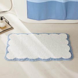 Luxury Microfiber Bathroom Rugs, Small White Bath Rug with Blue Scalloped Piping Cute Aesthetic Preppy Bath Mat for Bathroom, Tub, Floor Carpet, Sink, Shower, Anti Slip, Absorbent, 26x16