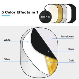 Soonpho Reflector Photography 35 x 47 inch/90 x 120cm 5-in-1 Collapsible Oval Light Reflectors Diffuser for Photography with Holder Cilp and Carring Case for Studio, Outdoor Lighting and Shooting