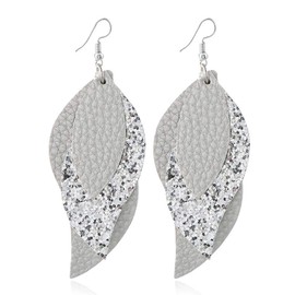 Leather Earrings 3 Layered Lightweight Faux Leather Leaf Earrings Layered Glitter Design Drop Earrings Fashion Retro Sequin Shining Statement Dangle Earring for Women Jewelry-sliver