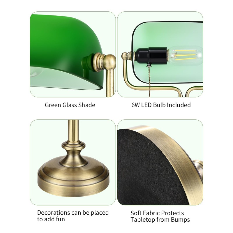 LOFOB Traditional Banker's Desk Lamp with Glass Shade,Pull Chain Switch,
