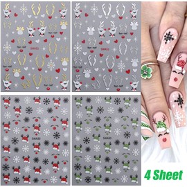 Christmas Nail Art Stickers Snowflake Deer Nail Decals Glitter Red Xmas 3D Self-Adhesive Stickers Happy New Year Winter Holiday Nail Supplies Nail Art Design Decoration Accessories 4Sheets (1-Elk)