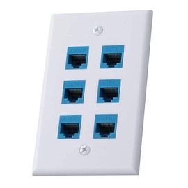 OUYFBO 6-Port Cat6 Keystone Jack Wall Plate - Compatible with Cat7/6/6e/5/5e Ethernet Devices - White with Blue Ethernet Jacks
