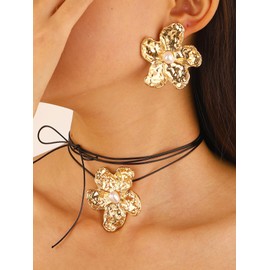 MOEEIJEW Gold Flower Earrings and Necklace Set for Women Floral Choker Flower Pearl Stud Earrings Statement Jewelry, one size, Metal, No Gemstone