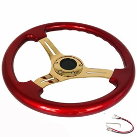 Universal Red Wood Grain Steering Wheel Gold Spoke 14"(350mm) Classic Vintage Racing Steering Wheel with Horn Button