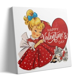 Valentine's Day Canvas Wall Art Decor - Vintage Girl with Red Dress and Heart Art Decor, Cute Cat Valentine Theme Artwork for Romantic Canvas Wall Decoration 10X10 inch