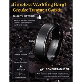Jstyle Tungsten Wedding Rings for Men Women 8MM Mens Wedding Band Black/Silver/Gold Mens Rings, Matte Surface Polished Edge Engagement Promise Men Ring Jewelry Comfort Fit Black Ring Size 8