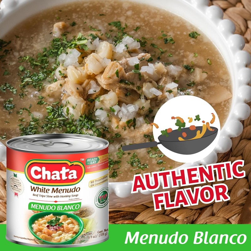 Chata Mexican White Menudo, Beef Belly Stew with Hominy Corn,