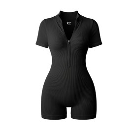 OQQ Women Rompers Ribbed Short Sleeve Zip Front Stretch Tummy Control Yoga Workout Rompers Black