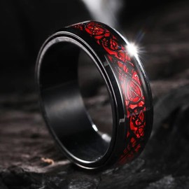 King Will Spinner 8mm Stainless Steel Ring Anxiety Relief Red Celtic Dragon Black Carbon Fibre Inlay Fidget Wedding Ring 13