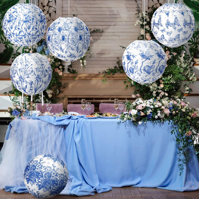 12 Pcs Blue and White Paper Lantern 8 Inch Chinoiserie