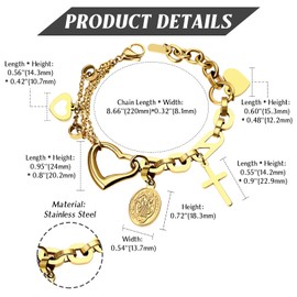 Flonge Women's Virgin Mary Bracelet: Dainty Cross and Heart Pendant Bracelets Adjustable Charm Hollowed Out Link Chain Catholic Prayer Gift for Women Gold