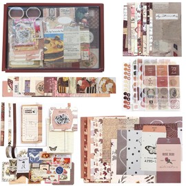 295Pcs Aesthetic Scrapbook Kit, BetterJonny Vintage Scrapbook Journaling Set with A6 Grid Notebook Washi Paper Stickers Brown Art Journaling Kit Scrapbooking Supplies for DIY Arts Crafts Collage Decorative