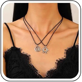 Layered Leather Choker Necklace Sun Pendant Necklace Vintage Spiral Swirl Necklace Leather Cord Chain Necklace Statement Necklace, No Gemstone (N-1051, One size)