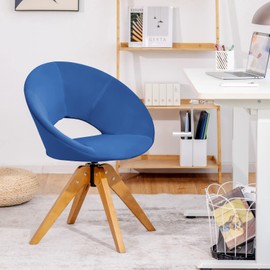 Giantex Swivel Accent Chair, Modern Office Chair with Wood Legs, Oversized Upholstered Seat, Round Tufted Back, Velvet Vanity Chair for Living Room, Bedroom, Blue