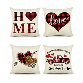 Valentines Day Decorations for The Home, 18x18 Pillow Cover Set of 4 Throw Pillow Case with XOXO Kiss Love Couch Pillow Cases Anniversary Wedding Decor for Farmhouse Office Sofa Car (Plaid Pattern)