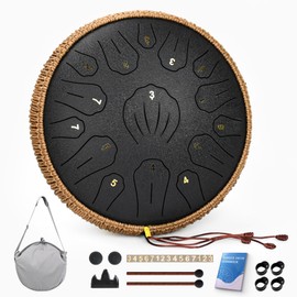Steel Tongue Drum - 13 Inch 15 Note Tongue Drum, Handpan Musical Instrument for Adults Kids, Steel Drum with Music Book, Steel Drums Instruments with Mallet and Carry Bag, C Major (Black)