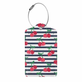 Numland Luggage Tag Cherry with Black Stripes,Stainless Steel Ring Leather Luggage Tag for Travel Bag Suitcase