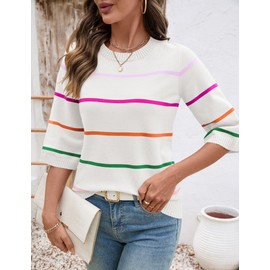LOMON Womens Sweaters Casual Fall 2025 Crew Neck Striped 3/4 Sleeve Lightweight Knit Trendy Pullover Sweater Tops Shirts, S