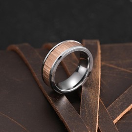 King Will Mens Tungsten Wedding Bands, Gunmetal Engagement Ring Inlay Vertical Rose Gold Hammer Pattern, High Polished Beveled Edge - Suitable For Daily Wear, Comfort Fit Size 8