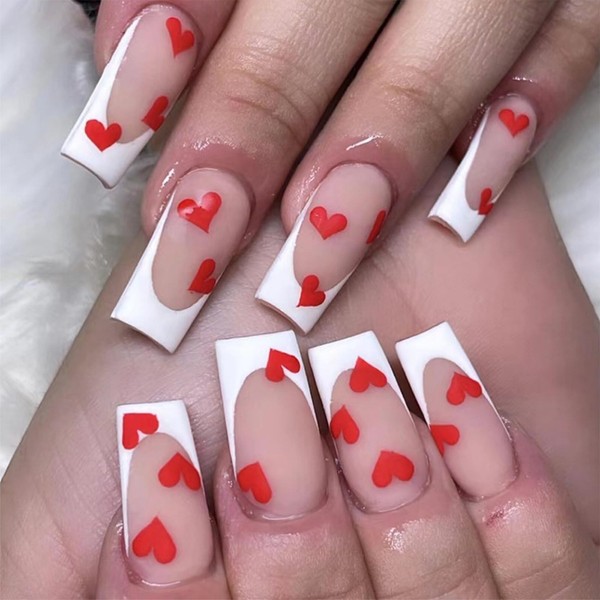 24pcs Red Heart Press on Nails, Medium Square French Tip