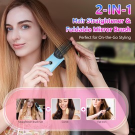 STUDLLY LCD Screen Cordless Hair Straightener Curler 2 in 1, Portable Mini Hair Straightening Brush for Travel Negative Ionic Fast Heating Hot Comb for Women, Folding Brush with Mirror, Blue