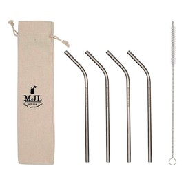 Medium Thin Bent Stainless Steel Straws for Pint Mason Jars or Glasses (4 Pack + Cleaning Brush + Cloth Bag)