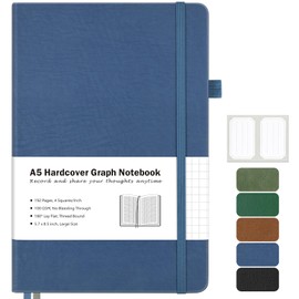 Graph Paper Notebook, Hardcover Notebook, Grid Notebook Journal for Women, Men, Large Leather Journals for Writing, Thick Paper, A5 Notebooks for Work, School Supplies, Engineering, 5.7"x8.5", Blue