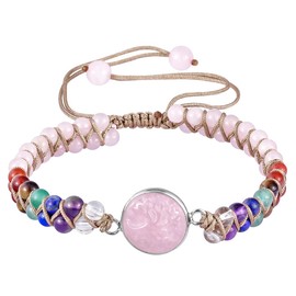 Nupuyai 7 Chakras Bead Stone Bracelet - 4mm Yoga Beaded Double Layer Healing Crystal Bracelet for Women Men Macrame Adjustable Bracelet, Rose Quartz