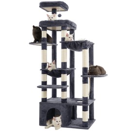 Heybly Cat Tree, 71-Inch Tall Cat Tower for Large Maine Coon Cats with Extra-Large Baseboard, Cat Condo Furniture with Multi-Level Platforms, 2 Hammocks and 12 Scratching Posts, Smoky Gray HCT037G