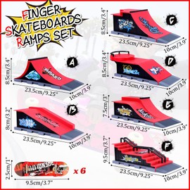 Finger Skateboards Ramp Set, 6 in 1 Fingerboard Skatepark Deck with 6 Skateboards 6 Fingerboard Ramps & Display Holder, Mini Finger Toy for Kids Adults Birthday Gift