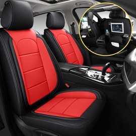 AOOG Leather Car Seat Covers with Car Backseat Organizer, Universal Automotive Vehicle Seat Cover for Most Sedan SUV Pick-up Truck, Front Pair, Black&Red