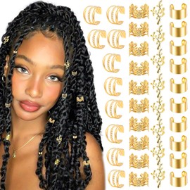 VENOFEN 40PCS Gold Hair Jewelry for Braids Multi Style Hair Cuffs Adjustable Braid Jewelry Non-Piercing Ear Clips Loc Dreadlock Accessories for Women and Girls