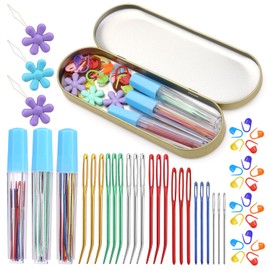 48PCS Assorted Yarn Needle Bent Tapestry Needles, Darning Needle Weaving Needles, 3 Sizes Big Eye Blunt Knitting Needles with 20 Stitch Markers, Storage Box, Needle Threader for Knitting Crochet
