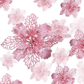 WILLBOND 36 Pieces Christmas Glitter Poinsettia Flowers Glitter Christmas Tree Ornaments Artificial Poinsettia Flowers for Wedding Christmas Wreath Tree Decoration (Pink)