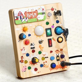 Joyreal Montessori Sensory Toys, Square-Shaped Wooden Busy Board with LED Light Up Switches, Portable Learning Kids Toys, Fine Motor Skills Eye And Hand Coordination:_MX049