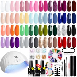 MEFA 54 Pcs Gel Nail Polish Kit with U V Light, 32 Colors Soak Off Nude Pink Red Gel Polish Nail Set with Matte/Glossy Gel Top Base Coat Manicure Tools Nail Art Decorations DIY Salon Home Gifts