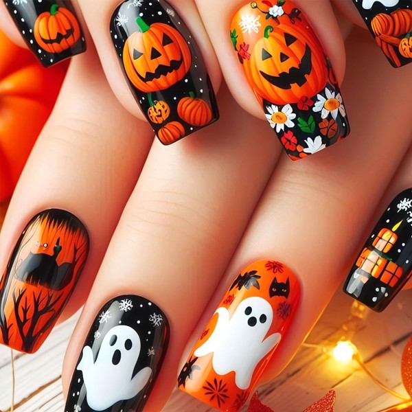 Halloween Press on Nails Medium Square Fake Nails with Designs