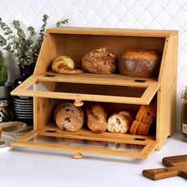 Tropic Home Supplies Double Layer Bread Box for Kitchen Countertop, Large Breadbox Bread with Windows, Food Keeper for Pastries, Bread & Cookies (Natural Bamboo)