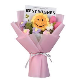 Crocheted Flowers, Crochet Flowers Bouquet, Crocheted Bouquet with Smiling Sunflowers and Pink Bow, Handmade Flower Decoration for Anniversaries, Birthdays and Home Accessories