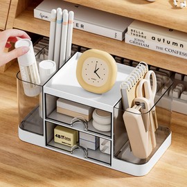 Zyners Desk Organizer with Pen Holder and 2 Drawers, Office Organizer, Desktop Organizer for Desk, Office, School, Home (White)